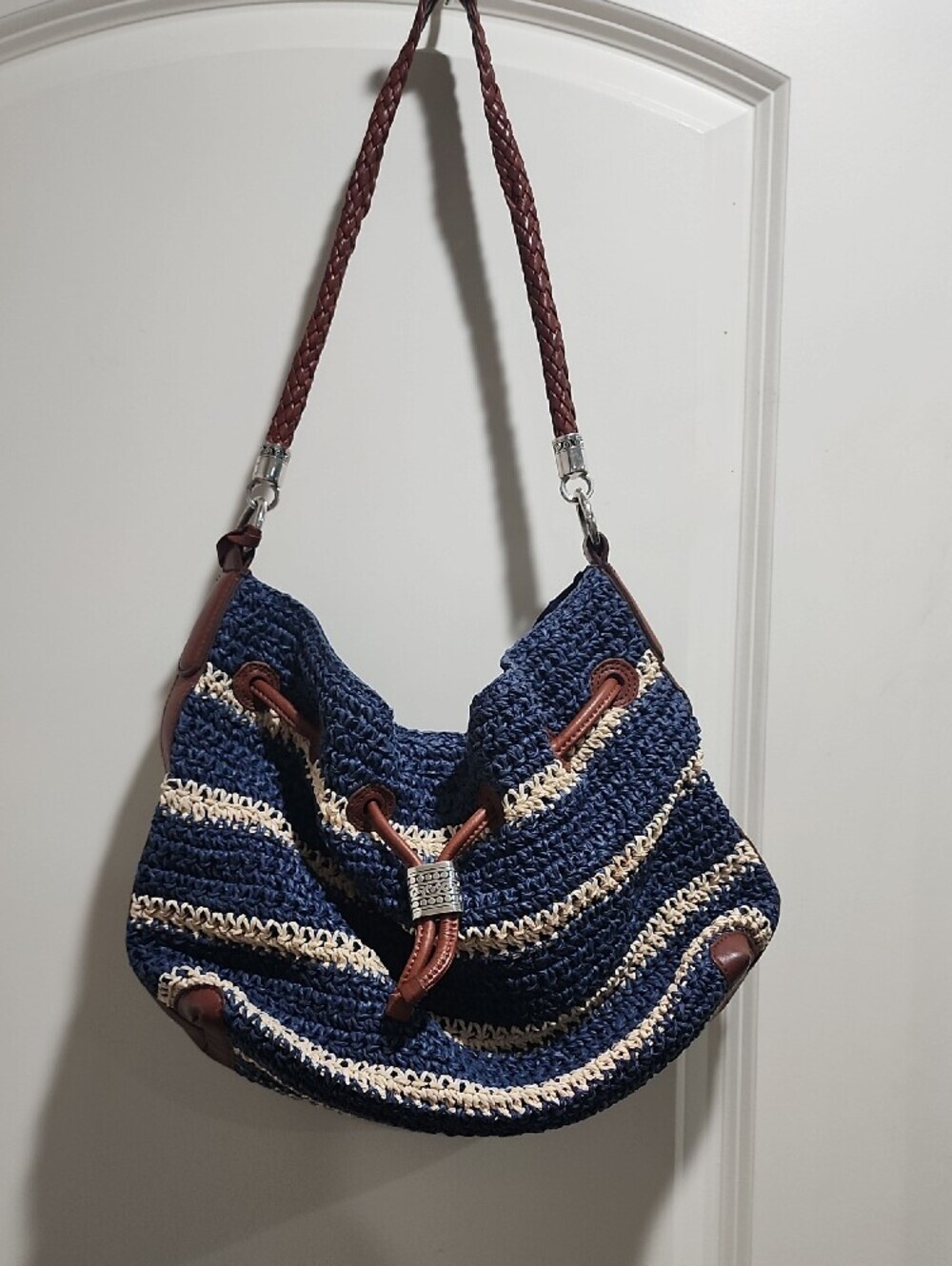 Brighton Blue Leather Trim Crochet Drawstring Bucket Crosbody Shoulder Bag